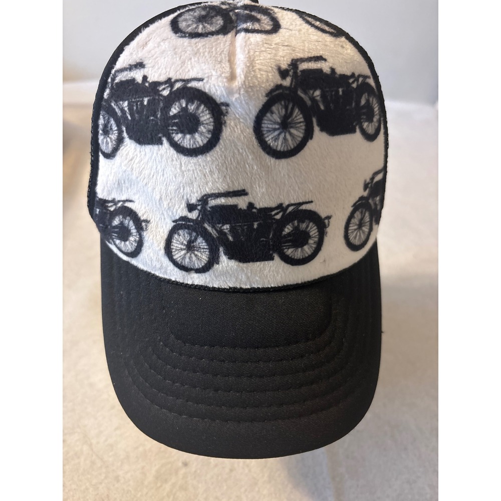 Vintage Style Motorcycle Print Trucker Hat Black White‎ Mesh Snapback Cap